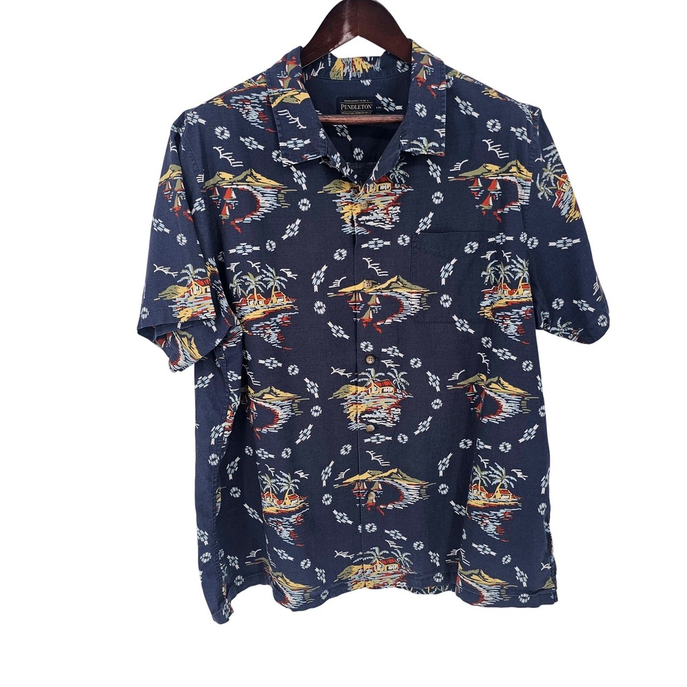 Pendleton Mens XXL Navy Blue Tropical Island Geometric Cotton Camp Shirt